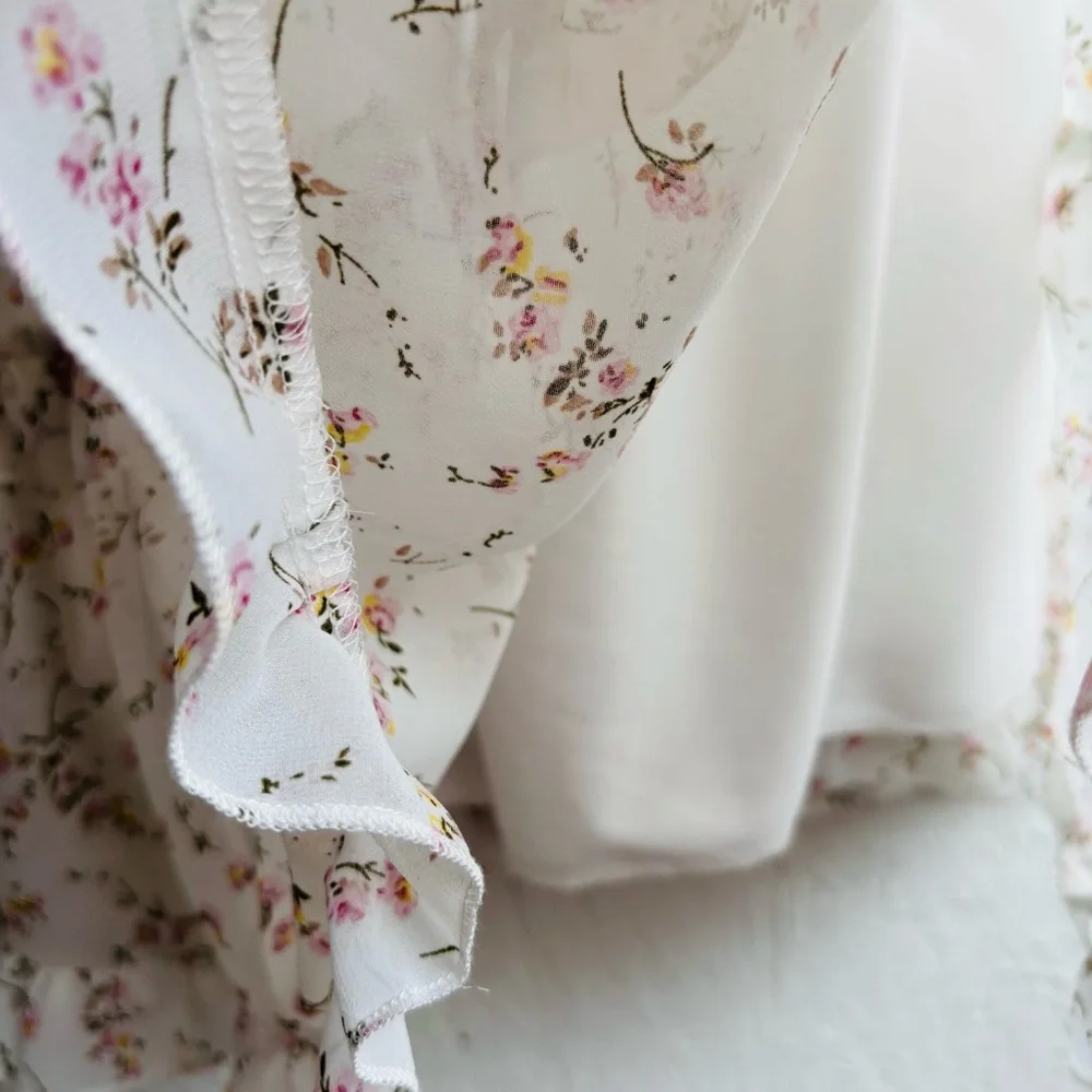 Trendy Boutique Cream Smocked Floral Tiered Sleeveless Sundress Size Medium - Picture 7 of 9